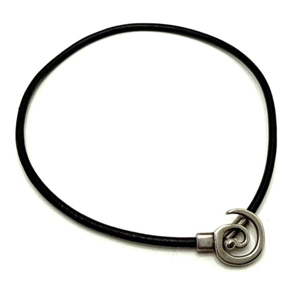 Black Leather Cord Choker Swirl Toggle Clasp Necklace Silver Plated 15.5"